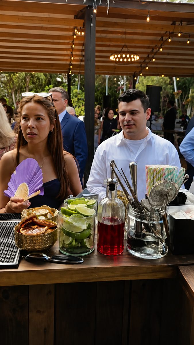 Estación de cócteles de DR Bartender Service en una boda al aire libre en Miami