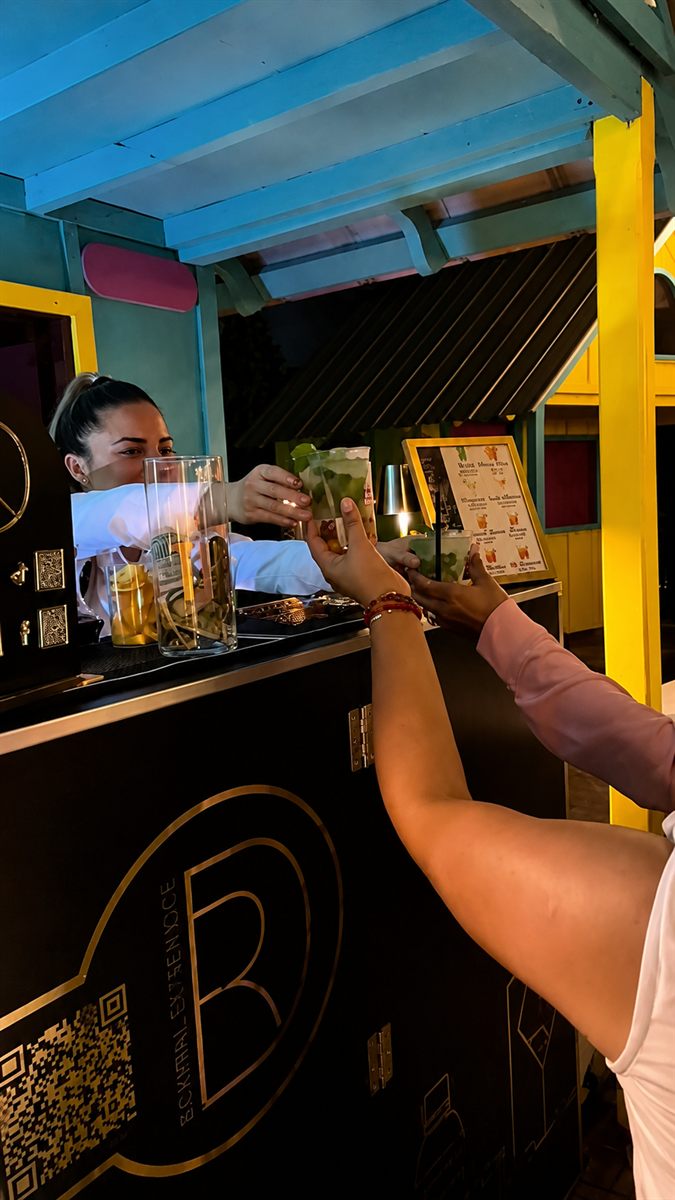 Bartender entregando un cóctel a una invitada durante una fiesta nocturna