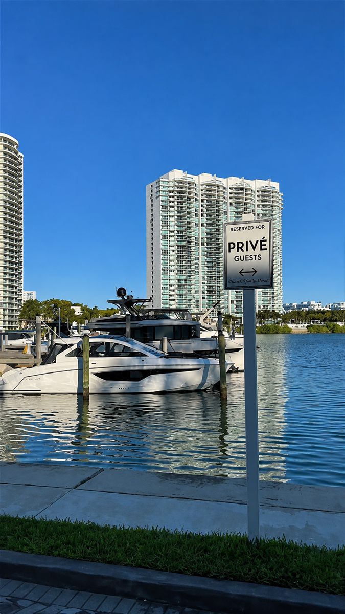 Yate atracado en una marina de Miami antes de un evento privado a bordo